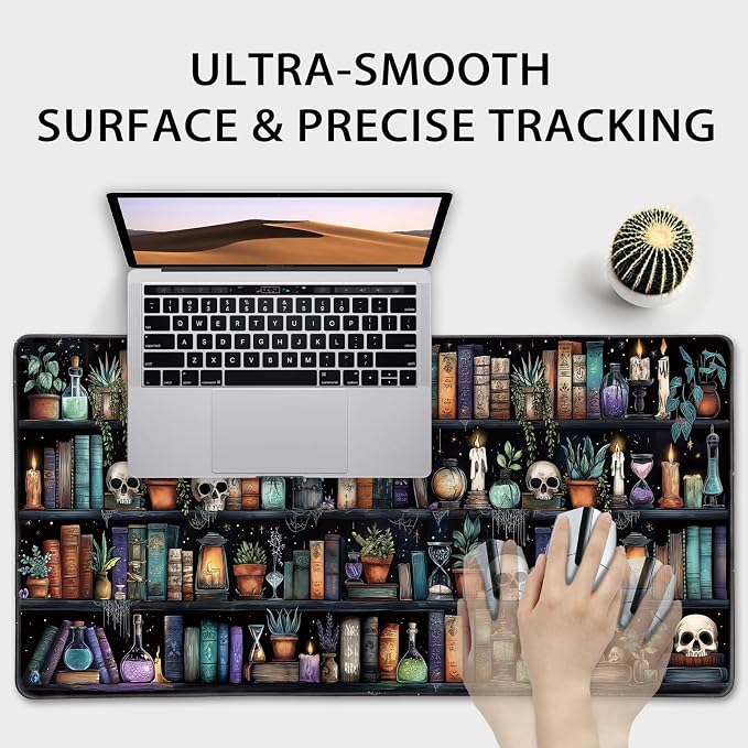 Gothic Library Large Gaming Mouse Pad 31.5"x15.7"｜Vintage Bookshelf XXL Desk Mat, Non-Slip Rubber Base & Stitched Edges - Extended Waterproof Mousepad for PC/Laptop/Office/Home Decor