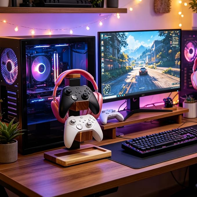 Acacia Wood Gaming Headset Stand & Dual Controller Holder, Solid Wood Desk Organizer Compatible with PS5, Xbox, Switch, Over-Ear Headphones, Gamer Gift for Men