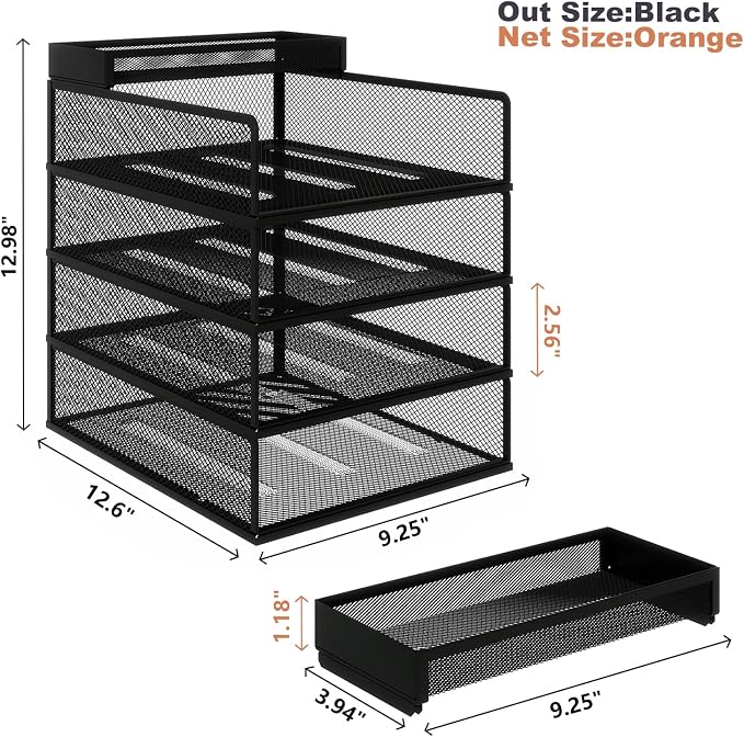 Natwind 4 Tier Stackable Paper Trays for Letter Documents, Desktop File Organizers for Office Supplies, Metal Mesh Desk Organizer，Office Organizer，Letter Trays for Home, Office, School，Black