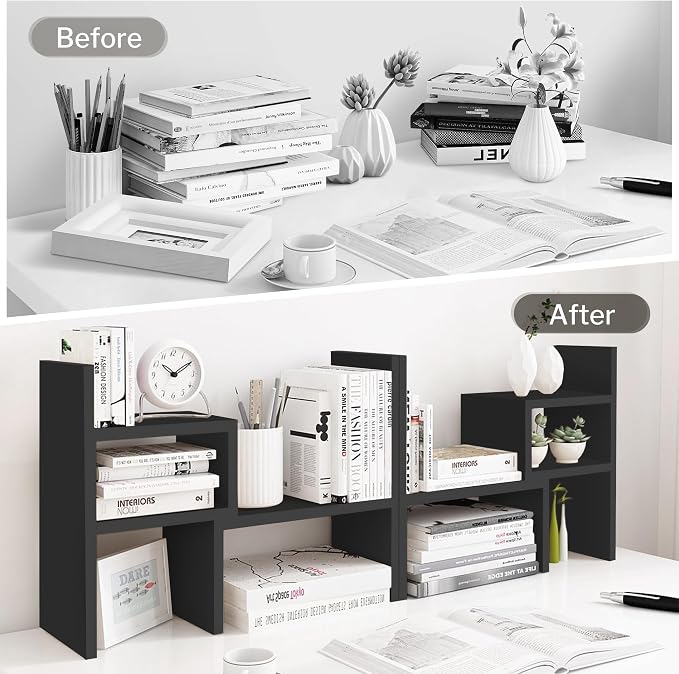 Jerry & Maggie Desktop Organizer Office Storage Rack Adjustable Wood Display Shelf 2 Shelves Free Style Rotation Display Natural Stand Black 2 Pack