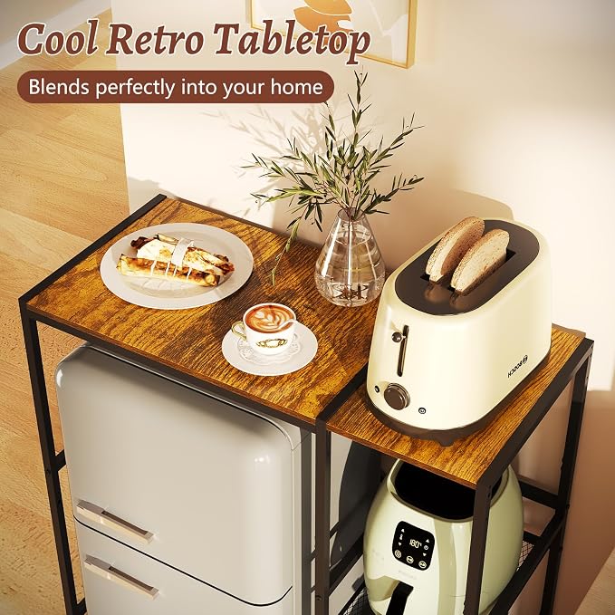 Yuyetuyo Mini Fridge Stand with Storage Shelves, Wine Cabinet, Microwave Stand, Coffee Bar, TV Stand, Bakers Rack, Beverage Refrigerator Table Adjustable for Dorm Apartment Kitchen Rustic Brown