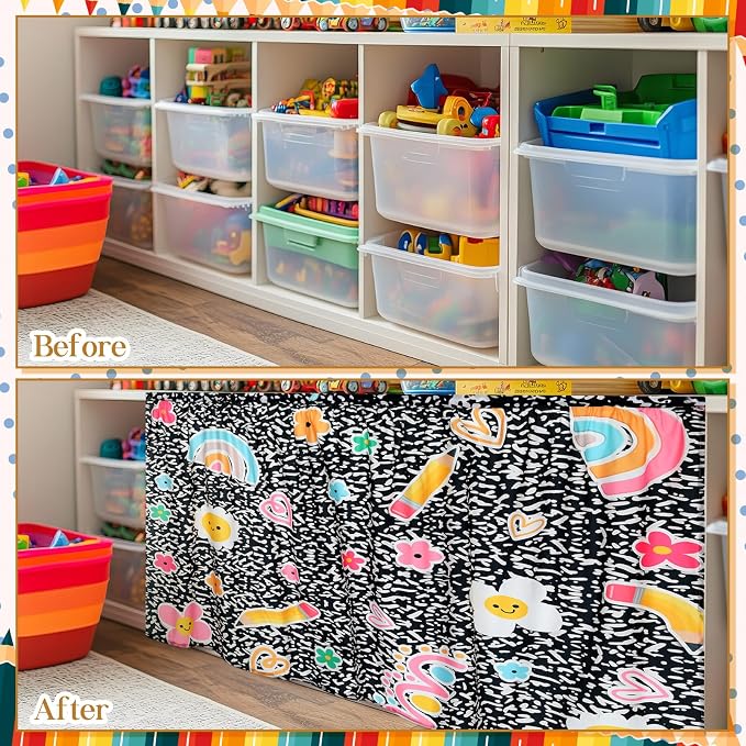 VitalCozy Composition Notebook Table Skirt for Classroom Teacher 28" W x 51" L Desk Curtain Skirts Teacher Appreciation Week Back to School Gifts for Kindergarten Classroom Office Bookcase Decoration