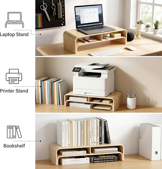 APRTAT Wood Monitor Stand Riser, Solid Woodon Dual Monitor Riser with Storage, 2-Tier Natural Monitor Riser with Storage, Computer Stand Keyboard Organizer