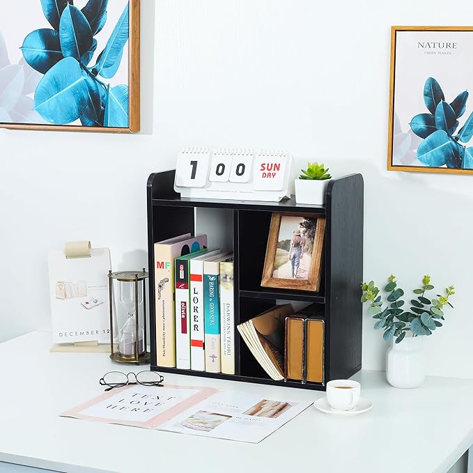 TQVAI Wood Desktop Bookshelf, 3 Cube Storage Unit Multipurpose Open Storage Shelves for Books, Office Supplies, Plants and Decor, Freestanding Desk Shelf Organizer for Office Home Study Room, Black