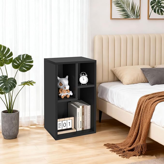 VECELO 11.8" Open Bookshelf, Waterproof Particle Board Asymmetrical Split Cubby Storage Organizer, Black Uneven Compartment Display Cube for Tall Books, Bedroom Dorm Office