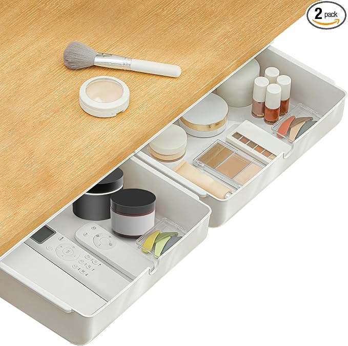 Poeland Under Desk Drawer Self-Stick Storage Organizer for Office Home School Large Size White 2 Pack