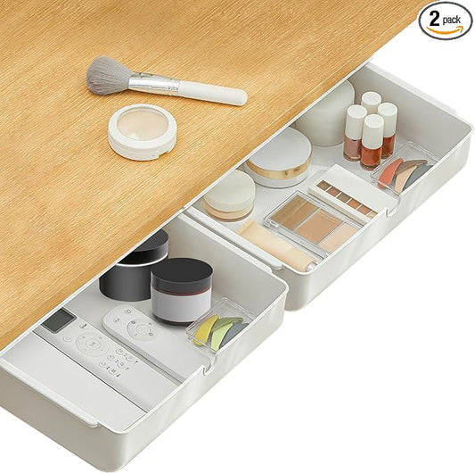 Poeland Under Desk Drawer Self-Stick Storage Organizer for Office Home School Large Size White 2 Pack