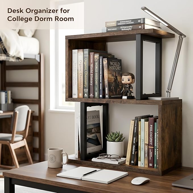 Desk Organizer and Desk Hutch Shelf – Desktop Bookshelf for Small Spaces, Mini Storage Unit for Dorm, Office, 3-Tier Desk Top Organizer Shelf, Rustic Brown