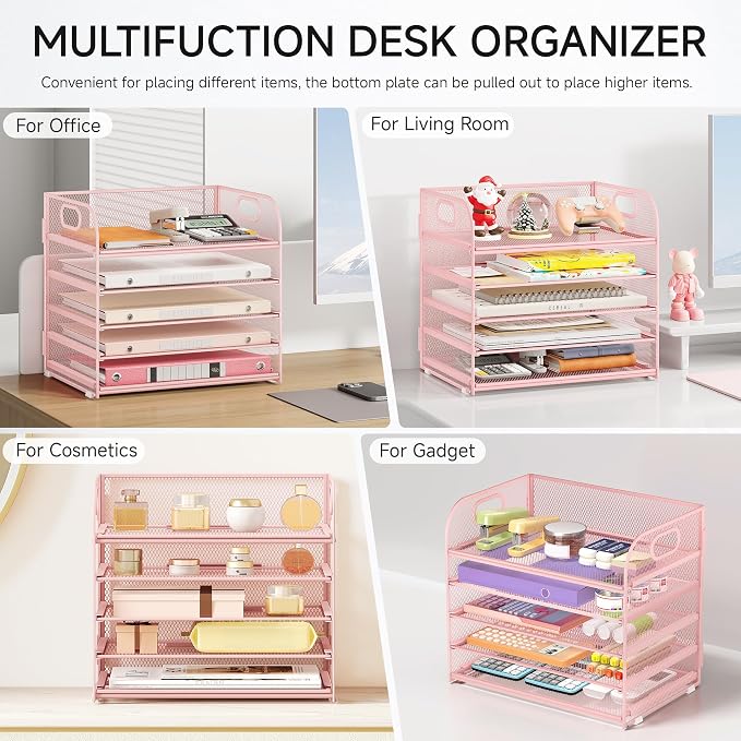 5 Tray Paper Organizer Letter Tray with Handle - Mesh Desk File Organizer, Paper Sorter Organizer for Office, Home or School File Folder Holder - Pink