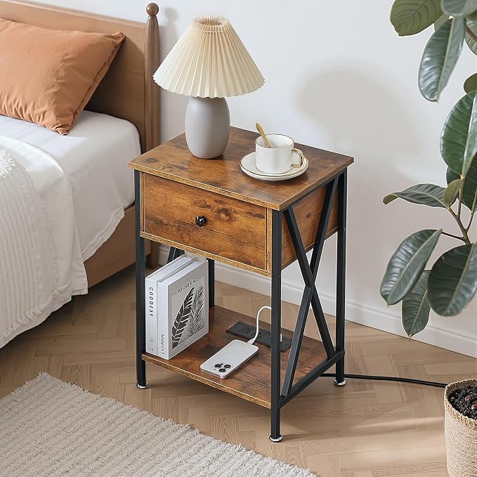 VECELO End Table with Charging Station, Night Stand with Drawers, 2-Tier Bedside Tables with USB Ports & Outlets, Side Table with Storage Shelf for Living Room/Bedroom, Rustic Brown