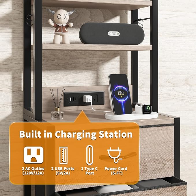 Tall Nightstand with LED Light, LED Night Stand with Charging Station and USB Type C Port, Bedside Table with 4 Fabric Drawers for Bedroom, Dorm, Office (Greige)