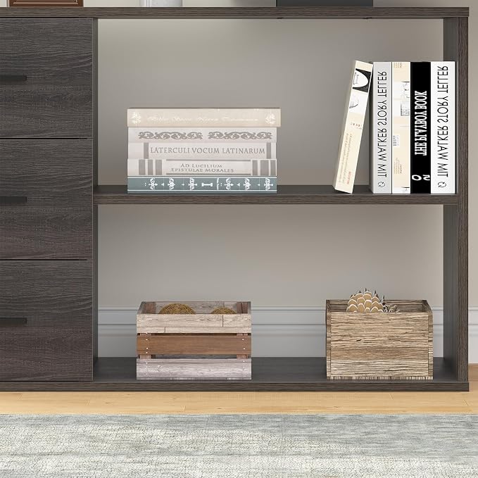 HSH L Shaped Computer Desk with Drawers, L Shaped Desk with Storage Cabinet Shelves, Large Reversible Corner Executive Home Office Desk, Industrial Wood Work Writing Study Table Workstation,Gray 60 In