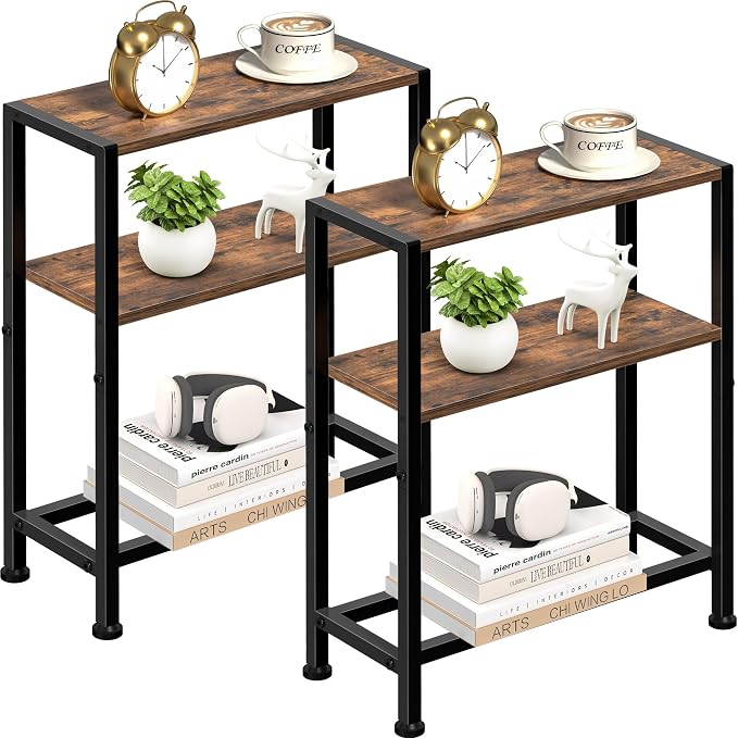 Narrow Side Table Set of 2 for Small Space, 2-Tier Small End Table with Shelf Holder, Slim Nightstand, Skinny Snack Couch Table in Living Room, Bedroom, Study, Kitchen and Balcony (Rustic Brown)