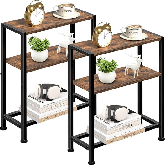 Narrow Side Table Set of 2 for Small Space, 2-Tier Small End Table with Shelf Holder, Slim Nightstand, Skinny Snack Couch Table in Living Room, Bedroom, Study, Kitchen and Balcony (Rustic Brown)