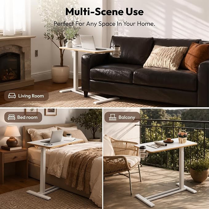 SANODESK Medical Adjustable Overbed Bedside Table with Hidden Casters, Pneumatic Mobile Laptop Computer Standing Desk Cart Overbed Table with Tray, Hospital and Home Use(27.6" W x 15.7" D, White)