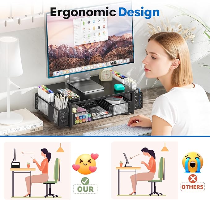 Simple Trending Metal Monitor Stand Riser, Drawer & 2 Pen Holders, Black | 2-in-1 Desk Organizer & Monitor Stand | Sturdy Metal | Drawer + Pen Holders | Ergonomic Support | Space Saving | Easy Setup