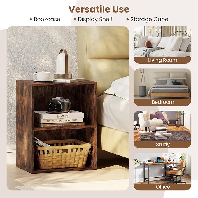 2 Cube Storage Organizer, 21" Small Bookcase with 5-Position Adjustable Panel, Under Desk Bookshelf, Modern Display Shelf, Wooden Cube Shelf for Home Office Bedroom (Brown)