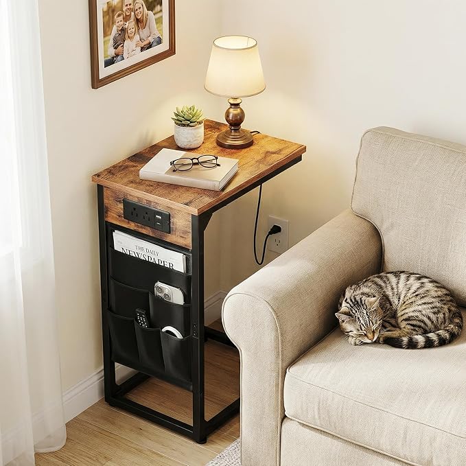 AMHANCIBLE C Shaped End Table with Charging Station, TV Tray Couch Tables with Storage Bag, Slide Under Sofa Side Side Table with USB Ports and Outlets for Living Room, Rustic Brown, HET04CBR-1