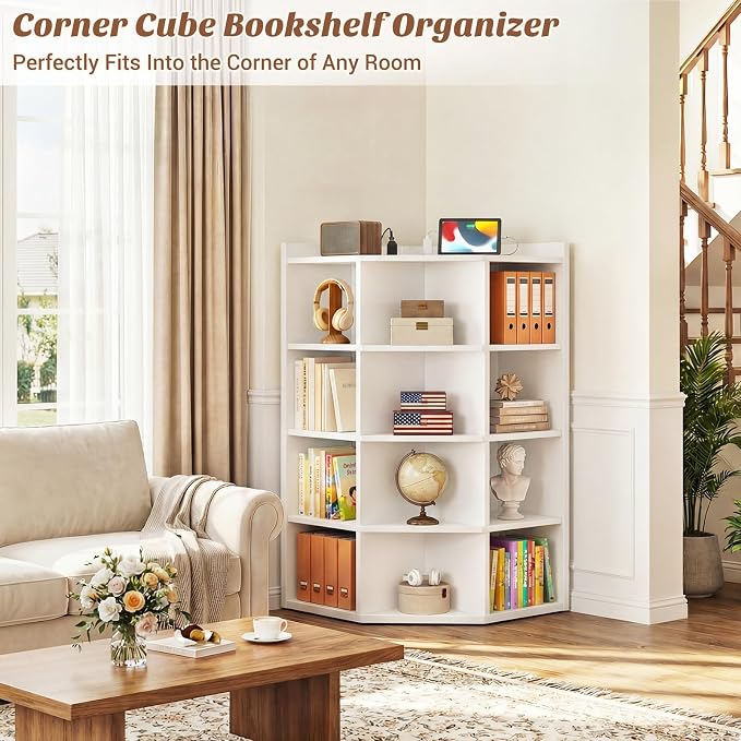 Aheaplus Corner Cabinet, 5-Tier Corner Bookshelf with Power Outlets, Corner Cube Storage Shelf with Top Table, Wooden L Cubby Toy Storage with 12 Cubes for Home Office, Bedroom, Living Room, White