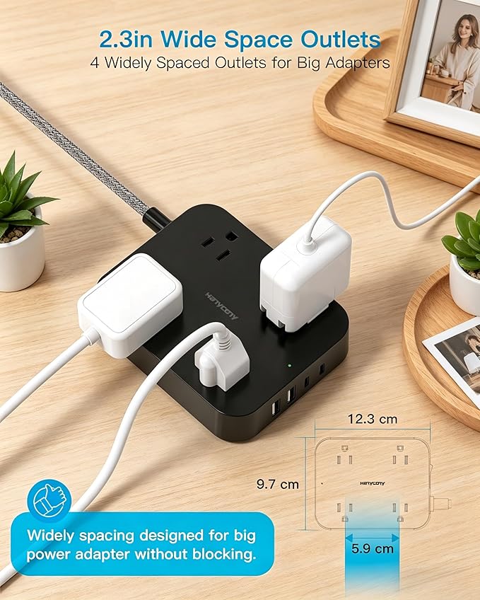HANYCONY 5 Ft Braided Extension Cord with Ultra-Thin Flat Plug, 4 Widely Spaced Outlets & 4 USB Ports (2 USB C), Non-Surge Protector Power Strip for Cruise Ship, Travel Essentials, Home Office, Black