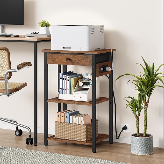 Gewudraw Printer Stand with Charging Station, 3-Tier Under Desk Printer Table, End Table with Storage Shelves for Home Office, Living Room,Bedroom,Bathroom,Brown