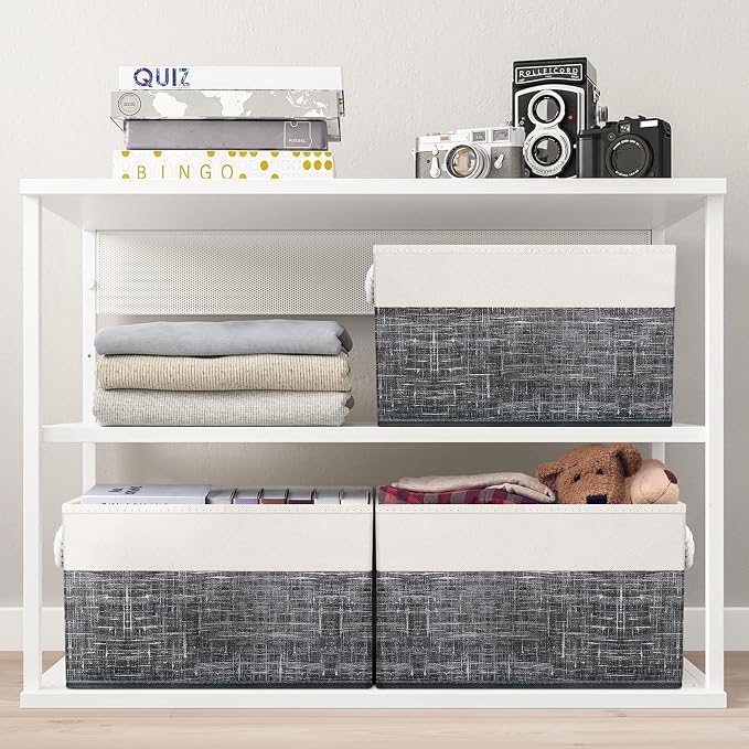 Fab totes Storage Bins 6-Pack, Foldable Storage Baskets for Organizing Toys, Books, Shelves, Closet, Large Storage Box with Rope Handles, Sturdy Organizer Bins, White & Black