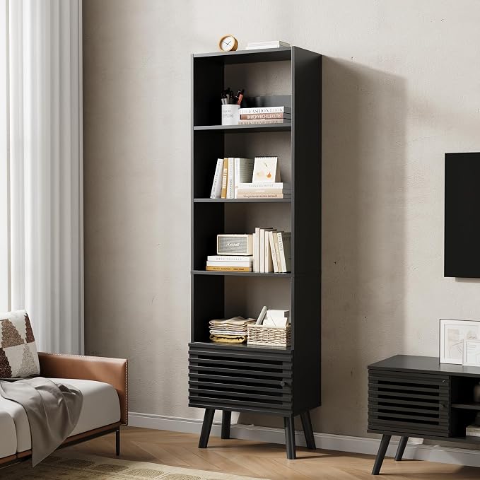 Furnify Open Shelf Cube Bookcase, 68" Tall Freestanding Bookshelf, Slatted Door Narrow Corner Bookcase with 5 Cubes, Mid-Century Modern Display Storage Cabinet for Living Room, Home Office, Black