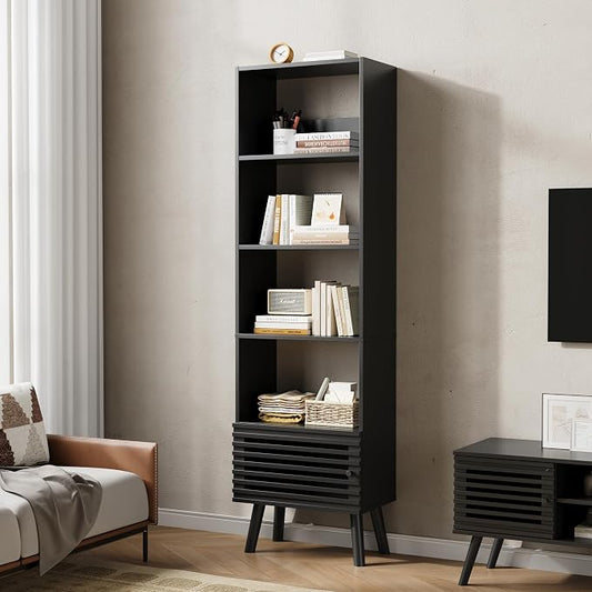 Furnify Open Shelf Cube Bookcase, 68" Tall Freestanding Bookshelf, Slatted Door Narrow Corner Bookcase with 5 Cubes, Mid-Century Modern Display Storage Cabinet for Living Room, Home Office, Black
