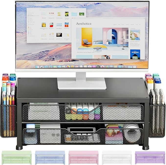 OPNICE Desk Organizer and Accessories, 2-Tier Computer Monitor Stand Riser with Drawer and 2 Pen Holders, Laptop Stand, Office Desk Accessories for Office Supplies, Black Double-Drawer & Dual Pen Holders
