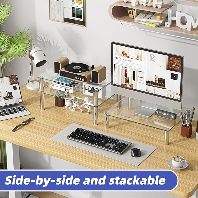 Simple Trending 2 Pack Tempered Glass Monitor Riser, Height Adjustable Desktop Stand for Laptop Printer TV