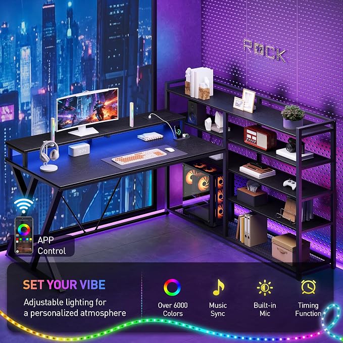RALGEND L Shaped Gaming Desk with Bookshelf, 52'' Reversible Computer Desk with LED Light & Power Outlet, Corner Desk with Storage Shelves and Monitor Stand for Home Office, Black