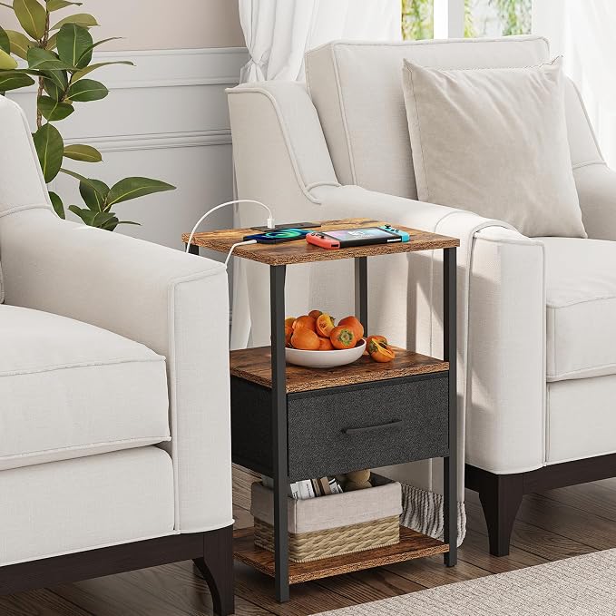 TUTOTAK Nightstand Set of 2, Night Stand with Charging Station, End Table, Bedside Table with Fabric Drawer, Side Table for Livingroom and Bedroom, Brown TB01BB0692