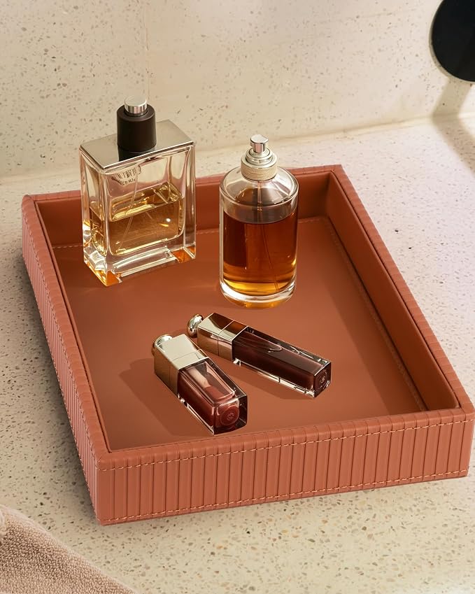 HofferRuffer Faux Leather Vanity Tray, Elegant Desktop Storage Organizer, Decorative Catchall for Perfume, Bathroom Valet, Nightstand or Dresser, 10.2 x 8.4 x 1.8 inches (Brown Stripe)
