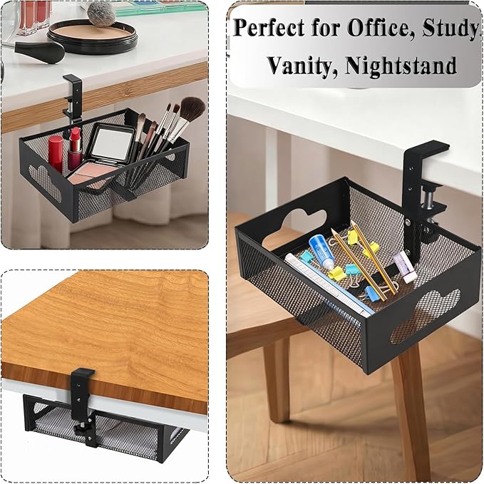 Under Desk Organizer 360° Swivel,under Desk Drawer, Clamp-On No Drill Installation,Sturdy Mesh Storage Drawer for Office,Drawing Room and Kitchen Room,Art Supplies and More(Without Cup Holder)