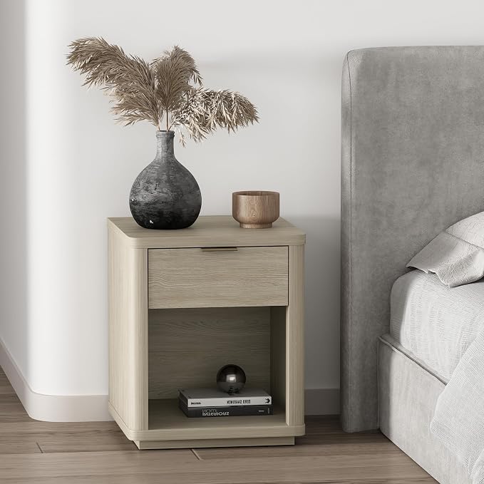 Manhattan Comfort Evelyn Nightstand with Drawer and Open Shelf, Modern Minimalist Side End Table with Raised Base, Easy Assembly Small Accent Table for Bedroom, Dorms & Living Room in Natural Oak