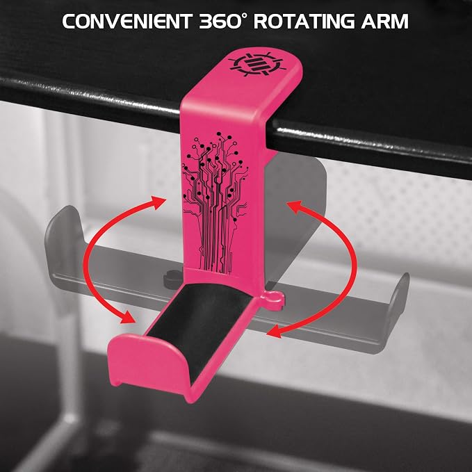 Enhance Gamer Headset Holder with 360 Degree Swivel Arm, Universal Table and Desk Clamp with Integrated Cable Storage – Pink