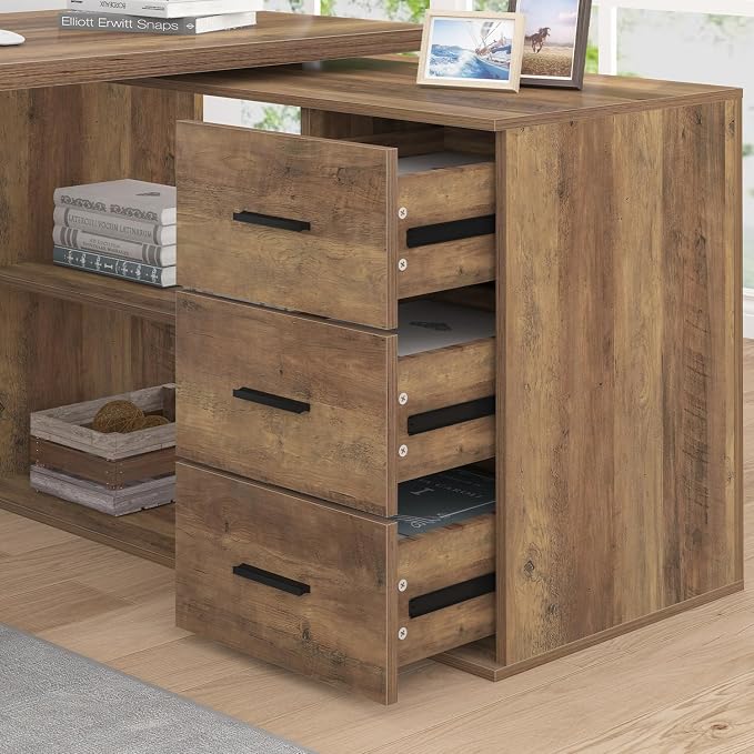 HSH L Shaped Desk with Storage Drawers Shelves, Large Corner Computer Table in Home Office, Industrial Wood Desk for Executive Writing Work Study, Rustic Oak, 55 Inch