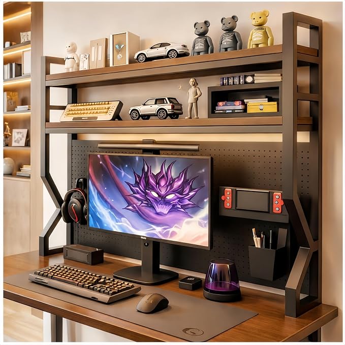 Desktop Hutch Bookshelf,Many Gifts,Metal Desktop Bookcase with pegboard, Desk Shelf, Countertop Storage Organizer Rack for Dorm or Office,Desktop Shelves (Natural+Black, 53.1" Lx9.9 Wx39 H)