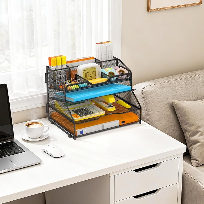 4 Tier Desk Orgnizers and Accessories, Metal Magazine File Holder with Pencil Holder and Handles, Space Saving Desktop Storage for School Office Supplies(Black)