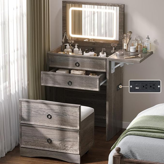 LUXOAK 3-in-1 Small Vanity Desk with Mirror and Lights, Compact Hidden Vanity Set with Stool & Charging Station, Makeup Table for Girls Bedroom and Dressing Room, Rustic Grey