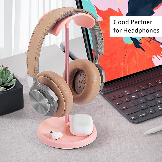 Headphone Stand, Curved Headset Stand with Storage Tray, Heavy Base Gaming Headset Holder for AirPods Max, AirPods Pro, Beats, Bose, Sennheiser, Sony and More (Pink)