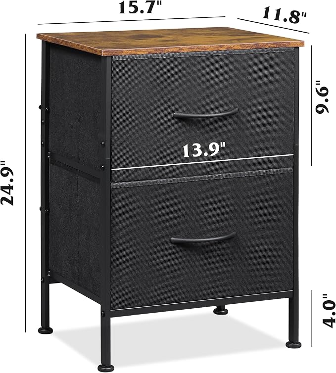 WLIVE Nightstand, Nightstand with 2 Drawers, Bedside Furniture, Night Stand, Small Dresser for Bedroom, College Dorm, End Table with Fabric Bins, Dormitory, Black and Rustic Brown
