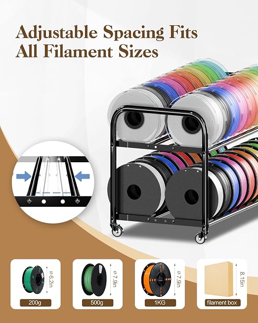 2-Tier Under Desk Filament Storage Rack, 3D Filament Storage Rolling Cart Holds 40+ 3D Printer Filament, Adjustable Filaments Rack for 250g-1KG Spools, Perfect for 3D Printing Studio, Office Workshop