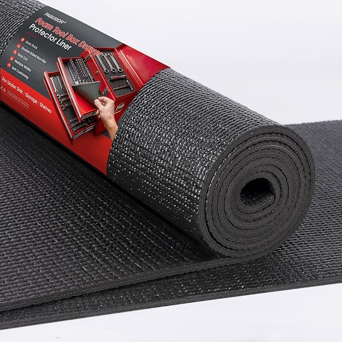 PABUSIOR Toolbox Shelf Liners Black: 5MM Thick Heavy Duty Tool Box Foam Liner for Drawers - Non Slip Grip Cabinet Mats for Garage Shelves 16" W x 98" L