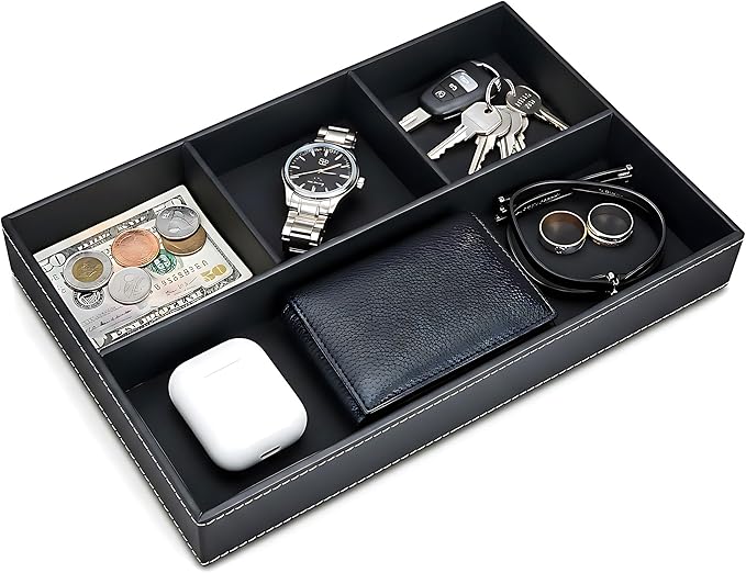 Leather Valet Tray Organizer, Stackable Nightstand & Dresser Storage Tray, Entryway Desk Catchall Tray for Keys Wallet Watch Phone, Bedside Desktop PU Leather Drawer Caddy Tray - Black
