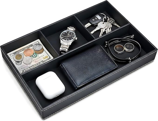 Leather Valet Tray Organizer, Stackable Nightstand & Dresser Storage Tray, Entryway Desk Catchall Tray for Keys Wallet Watch Phone, Bedside Desktop PU Leather Drawer Caddy Tray - Black