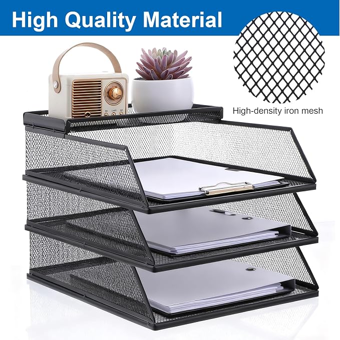 4-Piece Desk Organizer Set with 3 Slanted Paper Trays and Top Caddy, Metal Mesh Desktop File Organizer, Stackable Letter Trays for Document Storage in Home, Office, School (Black)