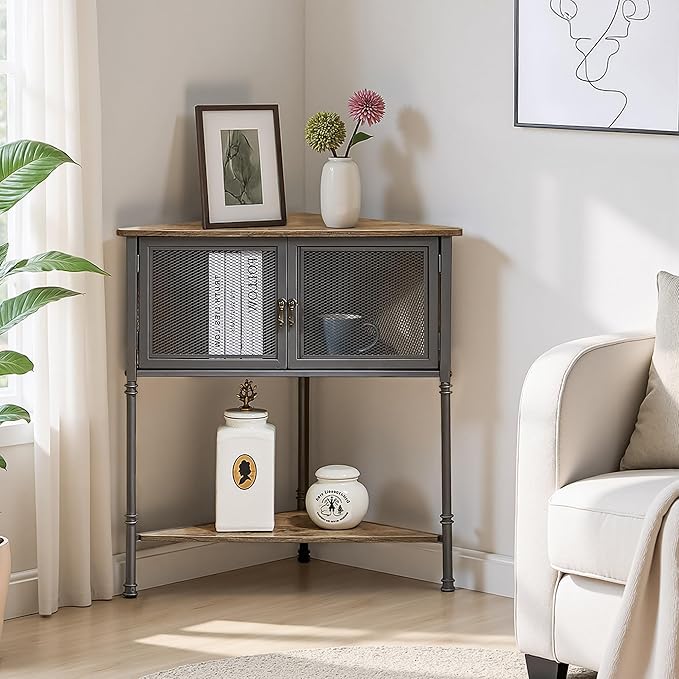 VECELO 3-Tier Corner Table,Cabinet with Mesh Door and Open-Shelf,Corner Shelf Stand,Metal Frame Storage Shelf Organizer Display Shelves for Bedroom,Living Room,Kitchen,Bathroom