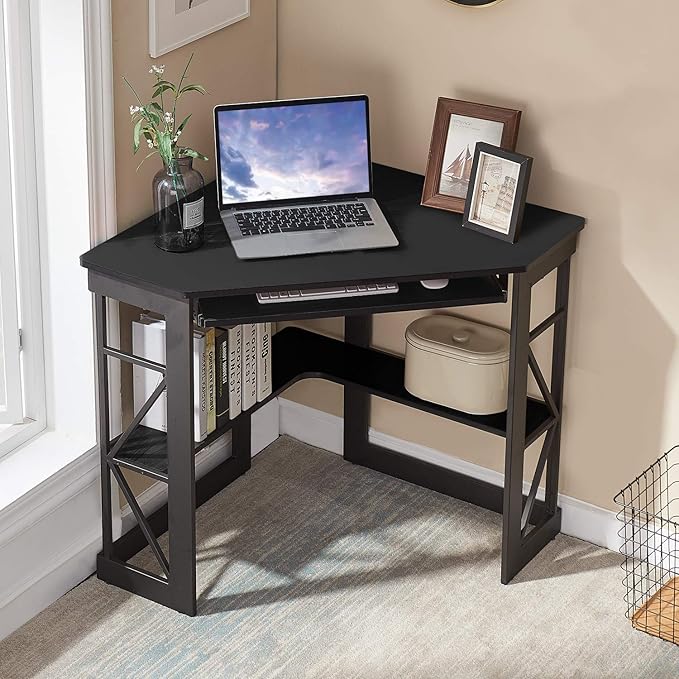 VECELO Corner Desk Computer Desk Writing Table with Smooth Keyboard Tray & Storage Shelves,Compact Home Office Triangle Table,Black