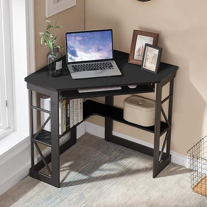 VECELO Corner Computer Desk 41 x 30 inches with Smooth Keyboard & Storage Shelves for Home Office Workstation, Black